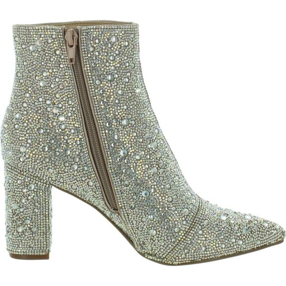 Women's Silver Rhinestone Embellishments Side Zipper Ankle Block Heel Boot - Picture 4 of 5